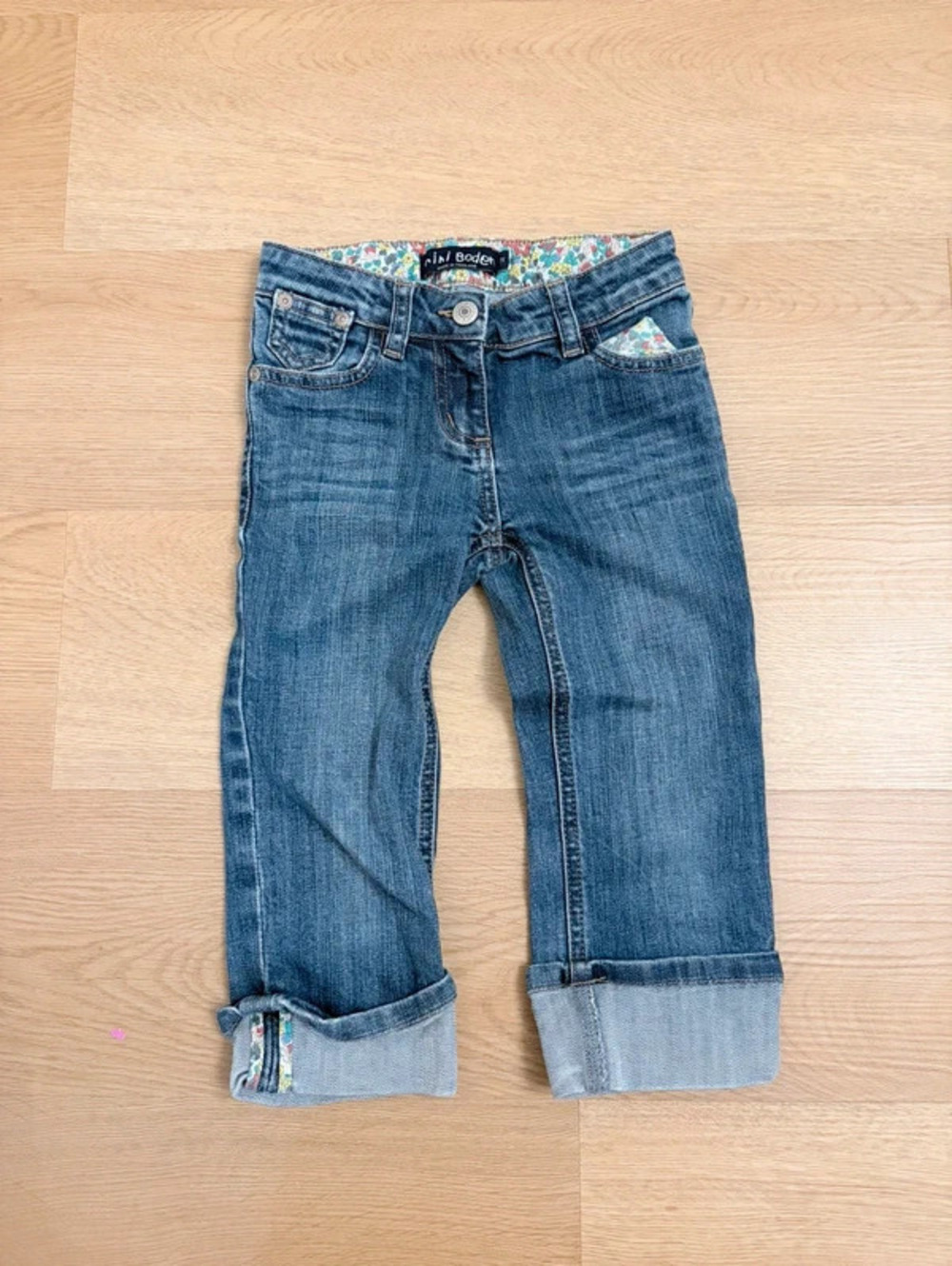 Mini Boden Girls Cropped Cuffed Jeans Size 7Y Floral Trim Stretch Denim